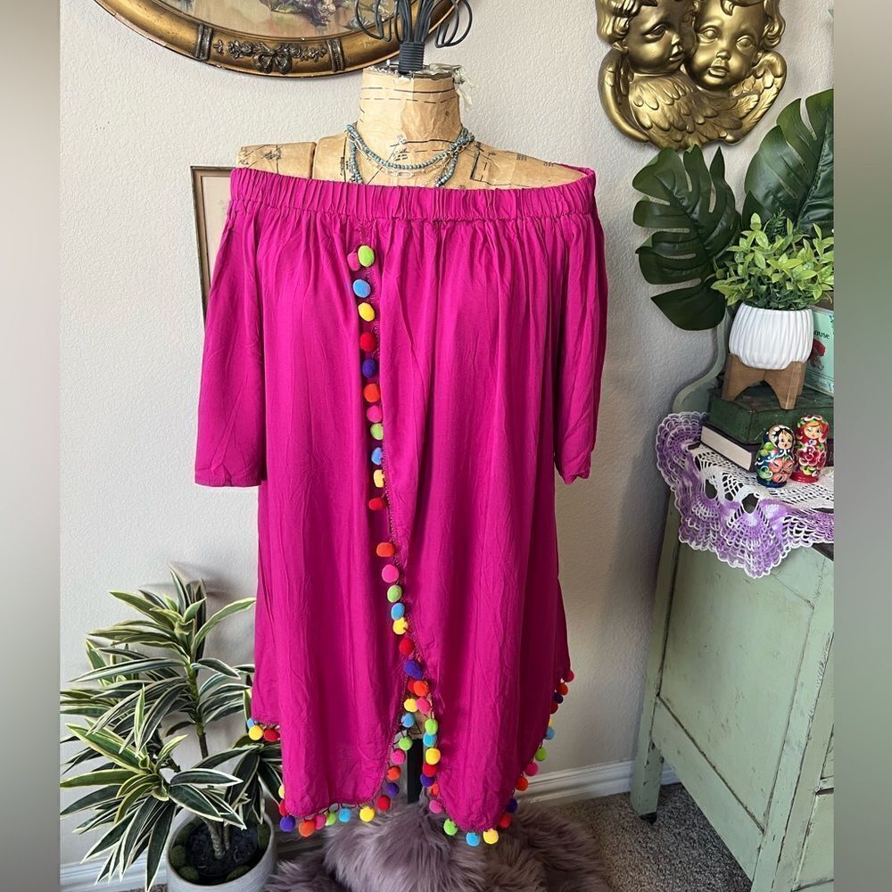 Southern Stitch NWT Boutique Hot Pink Colorful Pompom Off Shoulder Blouse Sz XXL